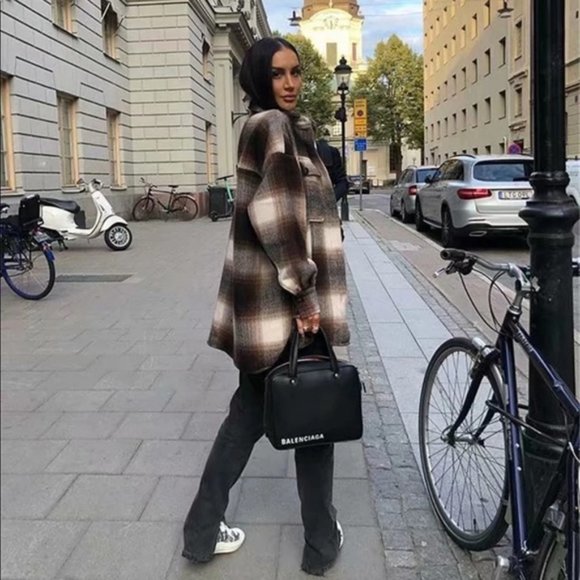 Boyfriend Fit Plaid Jacket Coat Brown Trucker - Picture 6 of 16